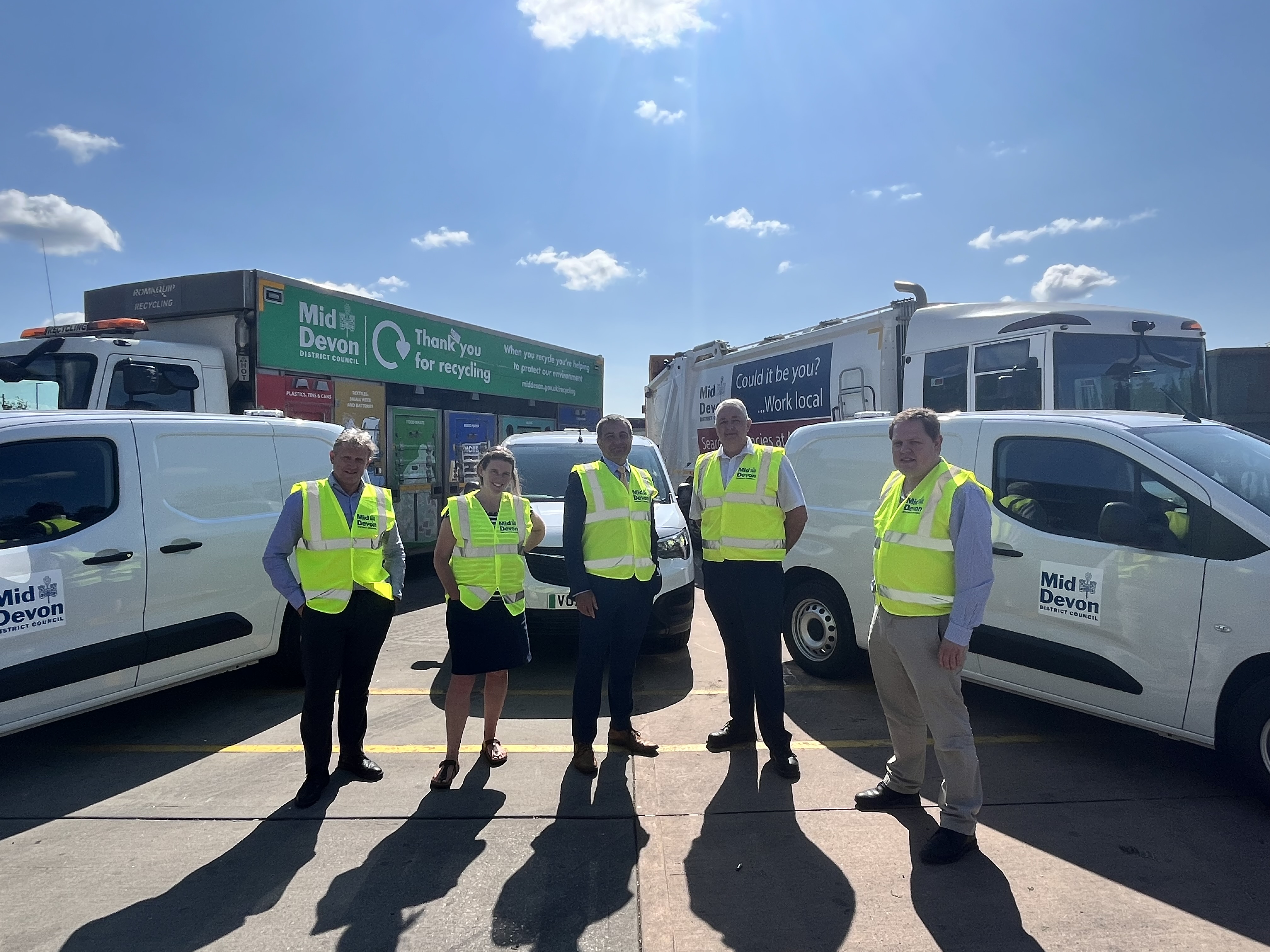 Welcoming the new vans. Darren Beer - Operations Manager Street Scene and Open Spaces; Cllr Bradshaw; Cllr Wright; Simon Bruford - Operations Manager Street Scene Services;  Matthew Page - Corporate Manager for People, Governance and Waste.
