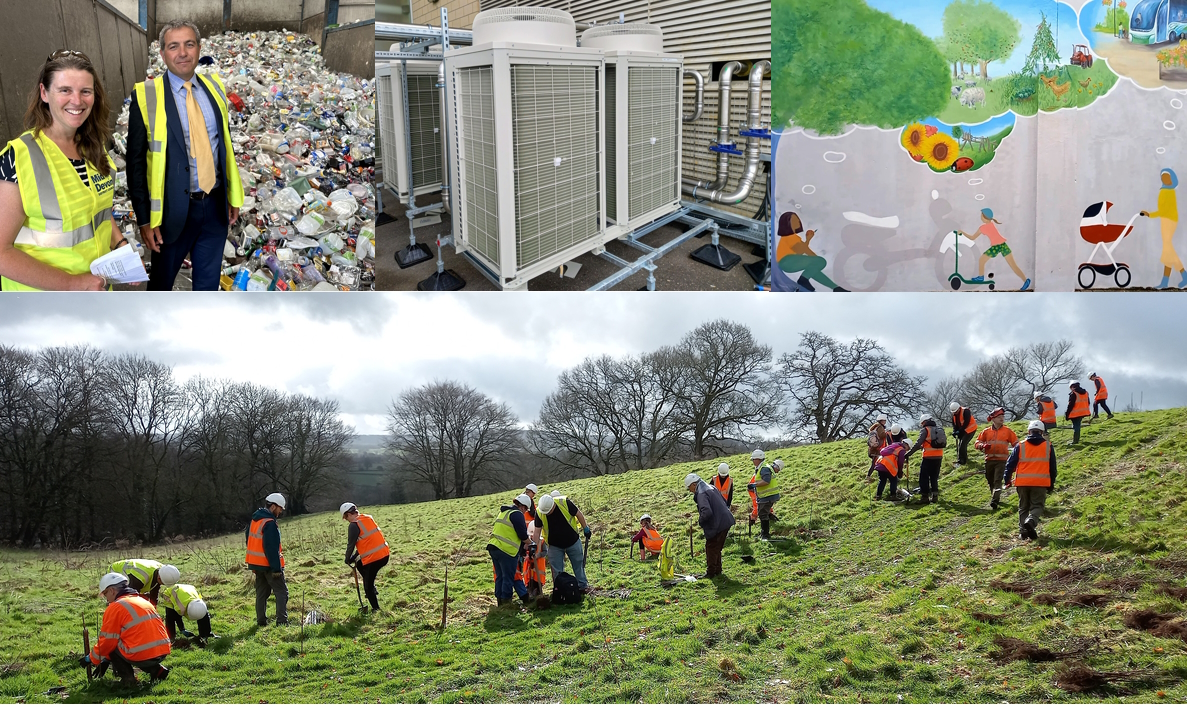 A montage of climate action. Base – Uffculme community volunteers planting trees; top left to right – community recycling up 9% admired by Councillors Natasha Bradshaw and Josh Wright; leisure centre renewable energy systems; the Net Zero Visions mural devised by artists, communities and local group Sustainable Tiverton.