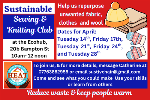 April Dates for Sustainable Tiverton Sewing and Knitting Hub
